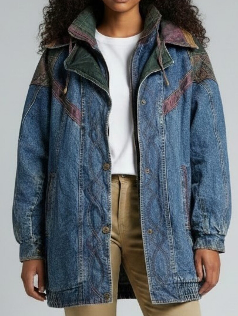 Women’s Vintage Western Blue Denim Jacket with Maroon & Olive Accents Medium